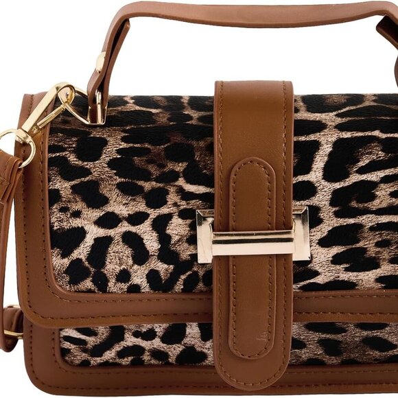 Women's Faux Leather Leopard Crossbody Bag Top Handle Square Flap Handbag - Picture 4 of 5